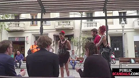 Public BDSM slut humiliated and spanked by audience