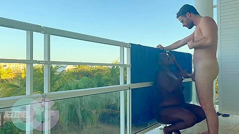 Public Play On A Beautiful Resort Balcony Leads Inside For Mutual Orgasm Suck And Fuck