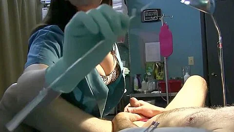 Nurse Stretches Slave`s Urethra with Rosebud Sounds and Green Latex Gloves