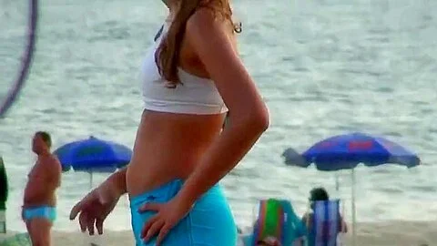 Hot beach voyeur with hot babes in tight shorts playing volleyball
