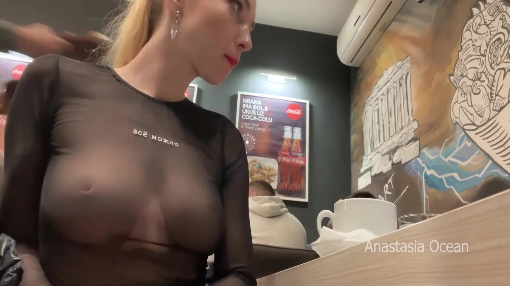 Flashing Her Big Boobs In Transparent Top In Public Cafe. 5 Min