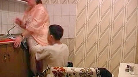 Old chicks screwed in the kitchen by youngster