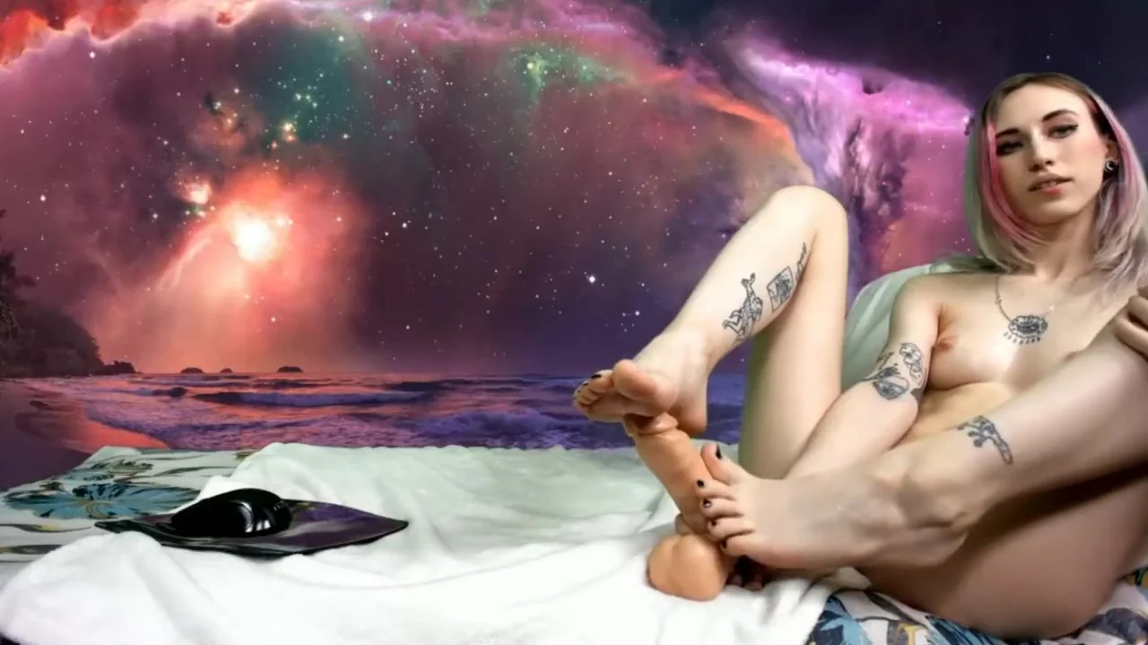 Space girl)) self foot suck, foot spit & dildo footjob