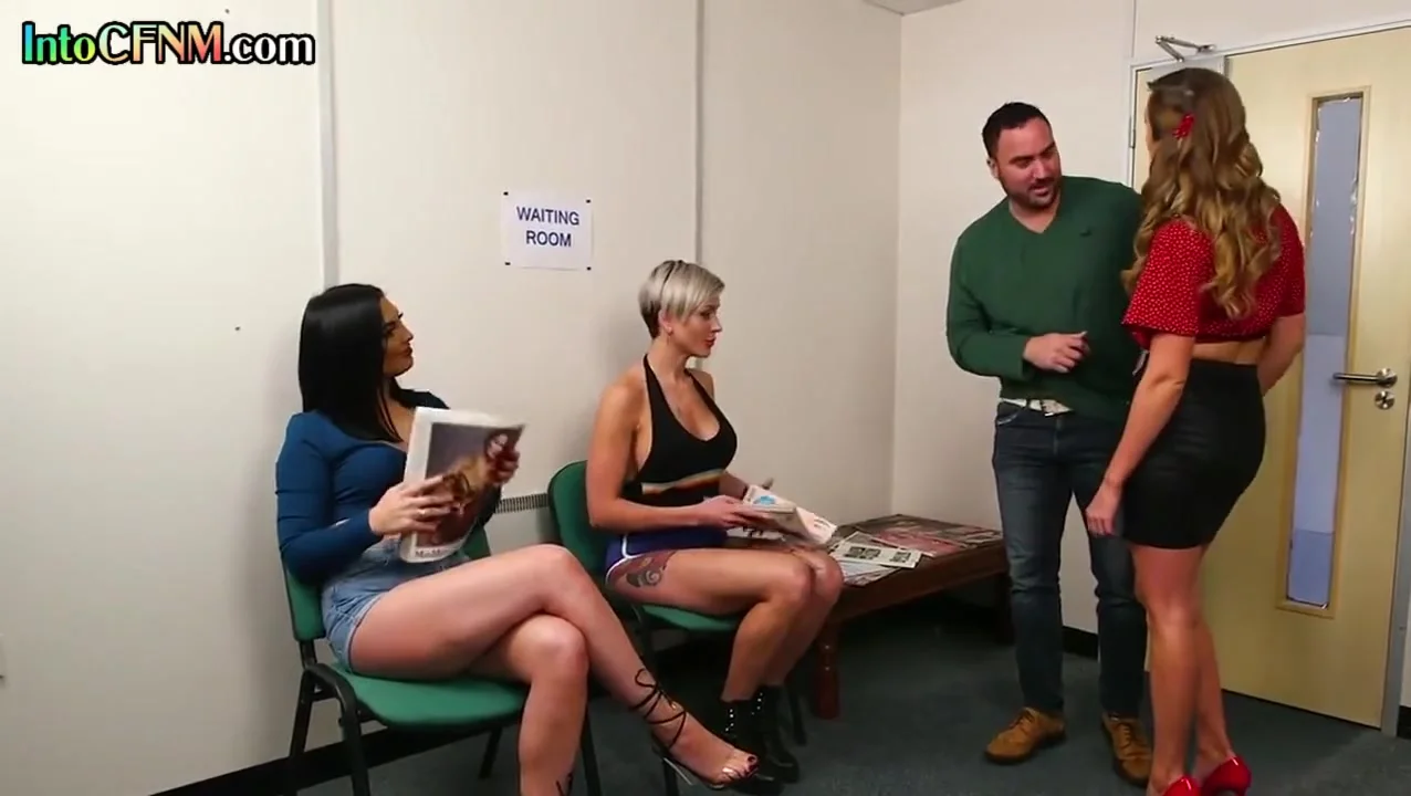 CFNM waiting room BJ MILFS suck lucky cock in group