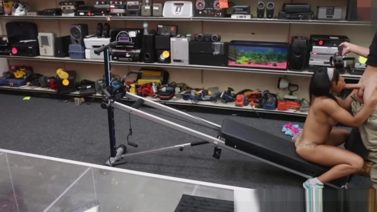 Real muscular ebony giving head naked in shop
