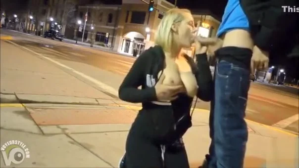 Blowjob on a street corner from his hot girlfriend