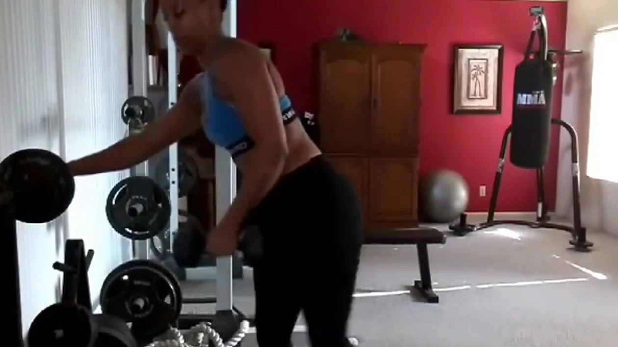 Hot ebony post workout pussy play and squirting