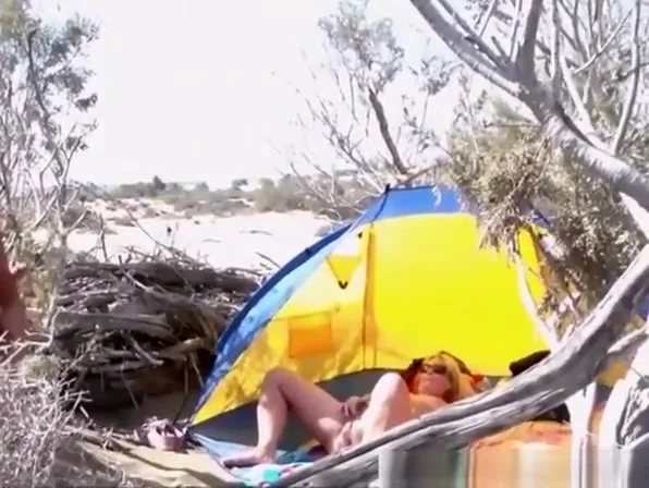 Man wanks his cock while watching chubby mature nudist