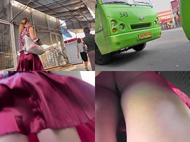 Amateur chick shows off g-string in candid upskirts