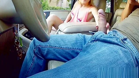 Blonde masturbates and fucks in car