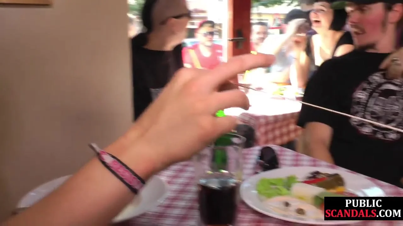 Petite scandalous BDSM slut sucks dick at restaurant