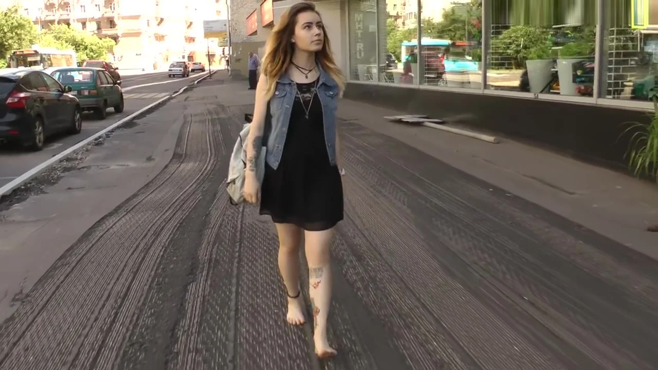 Cute girl walking barefeet