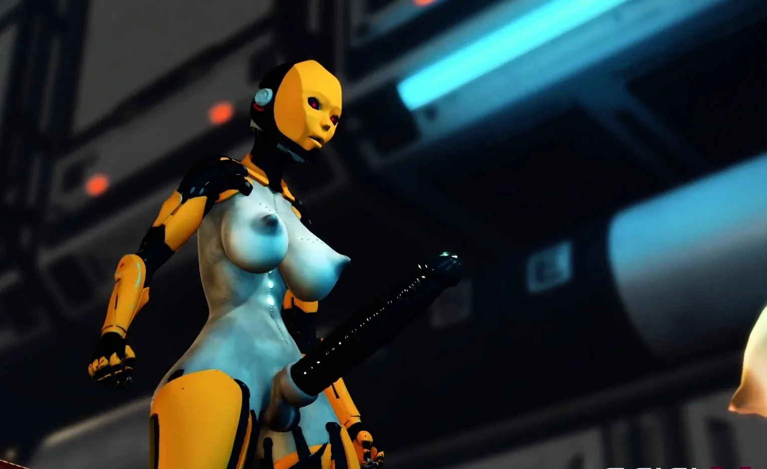 Sci-fi BDSM sexy young hottie and shemale android in the lab