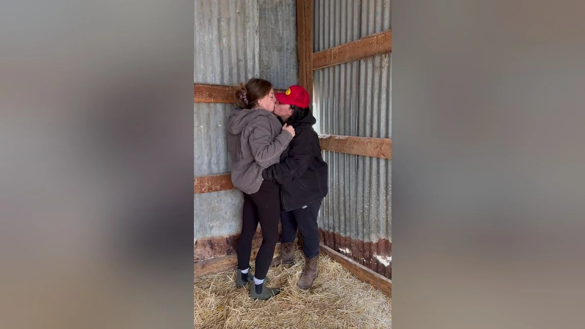 Sexy Lesbian Farmers Kiss And Touch Each Other In The Barn