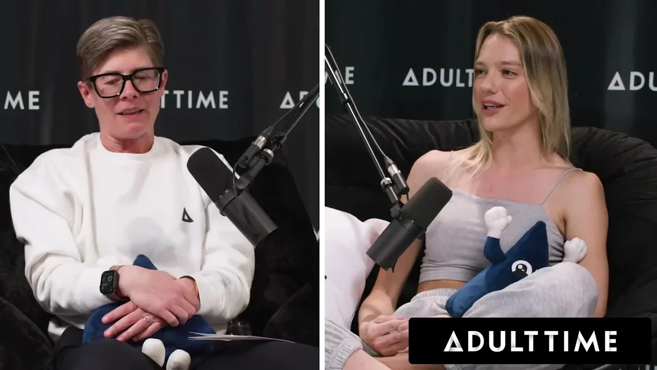 ADULT TIME - Busty Lesbians Octavia Red Kenna James CAUGHT EATING PUSSY On Podcast Set FULL SCENE