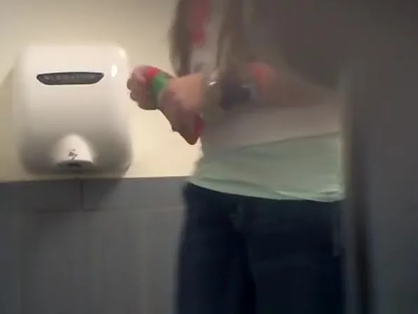 Long hair teen 18+ seats in toilet to pee