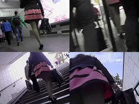 Long-legged brunette shows g-string in candid upskirts