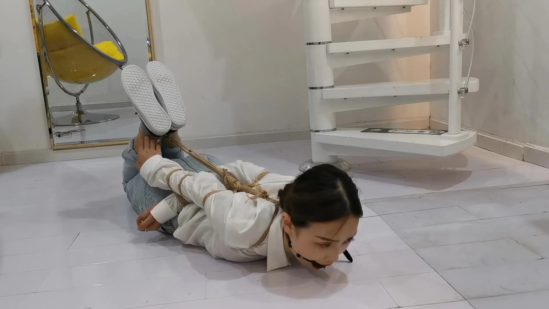 Asian Girl Hogtied In Jeans