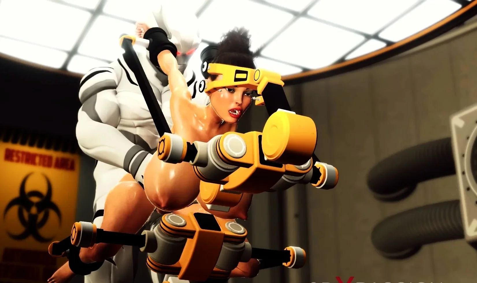 Sci-fi sex cyborg fucks hard hot brunette in restricted area