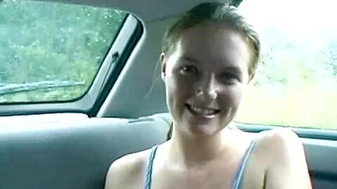 Emma flashes wobblers and knickers in the back of car