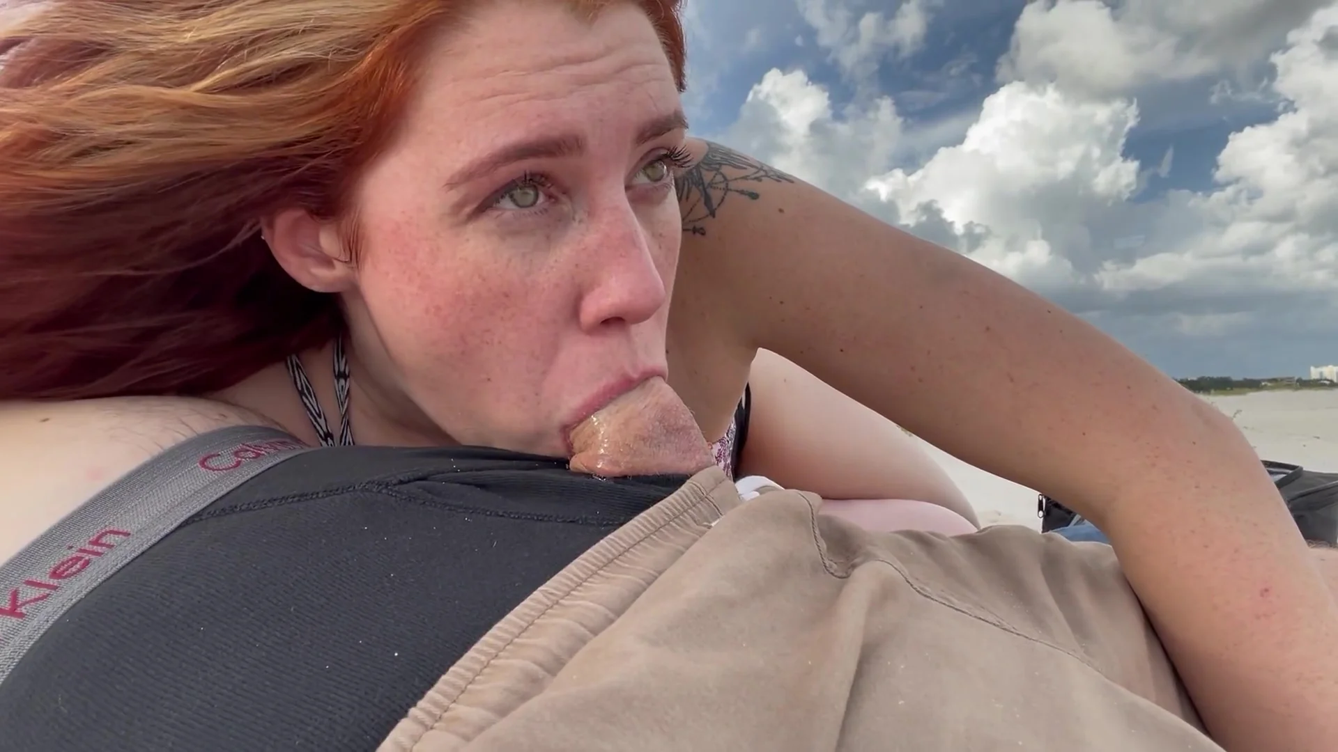 Slutty Redhead Gives Me A Risky Public Blowjob On The Beach Throatpie