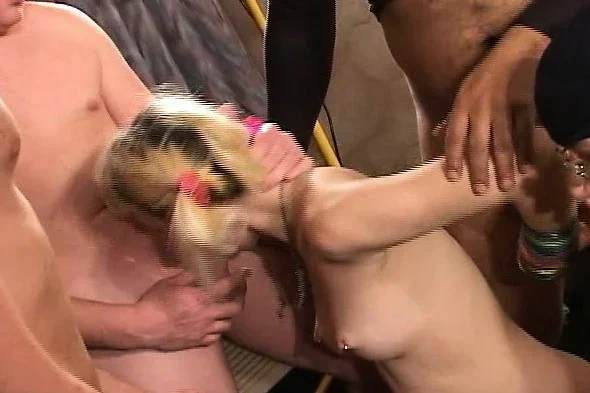 Pigtailed blonde nympho with tiny boobs Morgana pleasing a few cocks