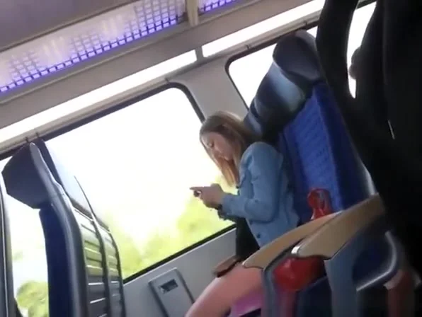 Guy wanks his cock in train next to girl
