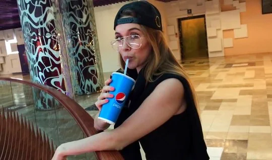 Russian beauty with glasses is kneeling and in public Blowjob
