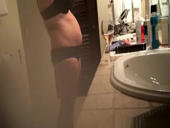 Big tits milf smoking and drinking in bathroom