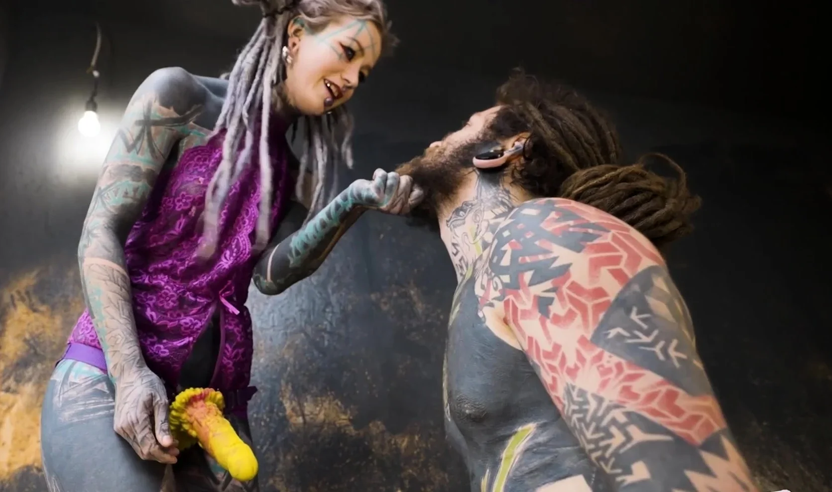 Alt dominatrix pegging tattooed worker