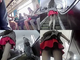 Skinny gal with brunette hair caught in public upskirt