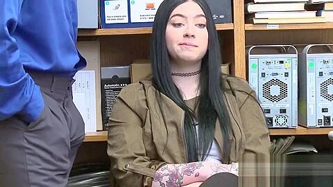 Sexy tattooed shoplifter with bouncy tits gets hard fucked on the desk by the rough security officer