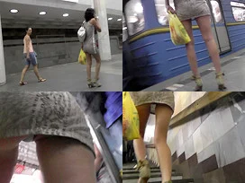Upskirting thong footage of a brunette in mini skirt