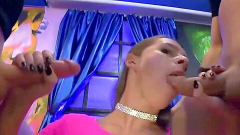 Busty brunette shows cums and blowbang party