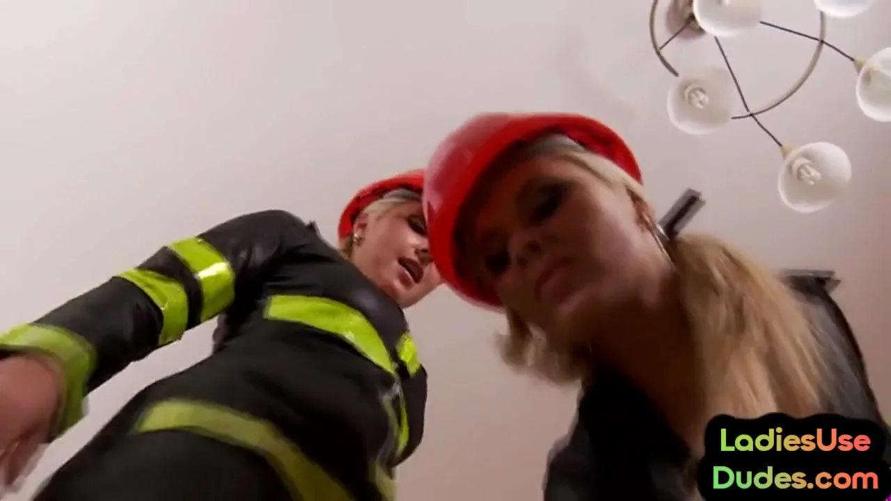 Firefighter CFNM femdom ladies fuck guy in 3way with strapon