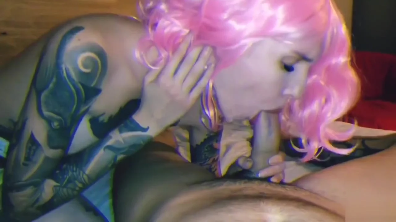 Tattooed girl sucks cock and fucks her pussy. Cum on face, mouth