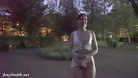 Jeny Smith tests her new suit. Flashing in public
