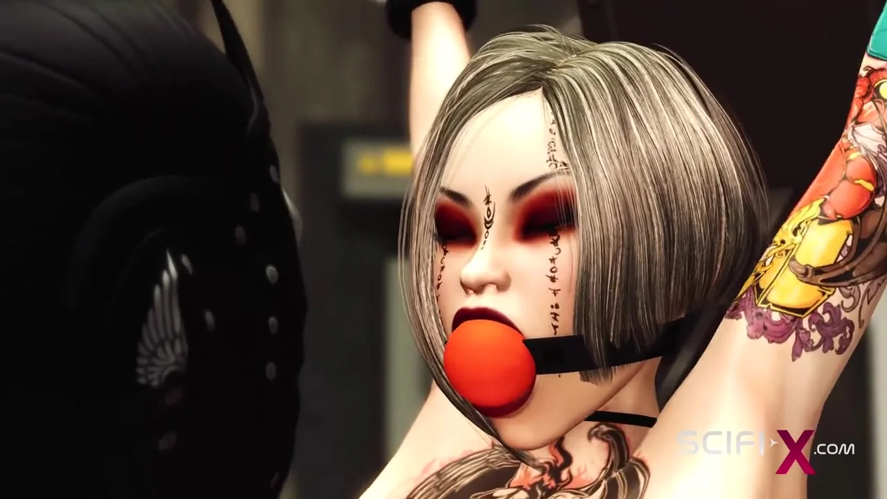 Lesbian sex with strapon in the sci-fi prison with tattooed girl and black woman