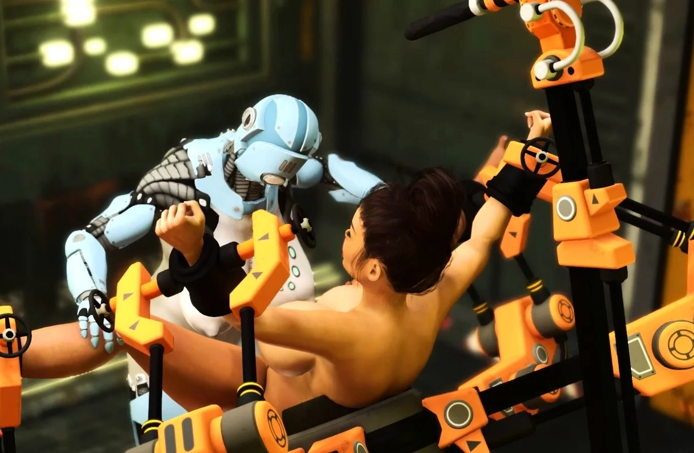 Robot shemale fucks sexy cuffed busty brunette in sci-fi lab