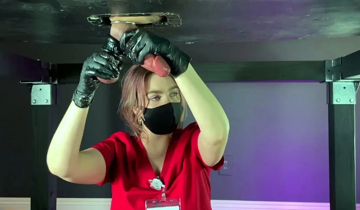 Cum Clinic Nurse Collects A Huge Sample Under Milking Table
