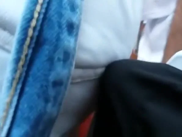 Chubby woman in jeans has her big ass touched by dude’s hard co