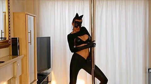 Big Boobs Catwoman Angie Stripping And Riding Dildo in Sexy PVC Lingerie