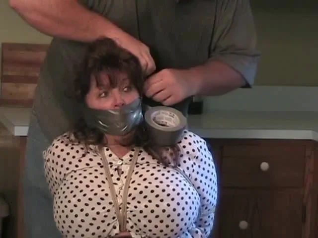 bbw granny bound on chair in kitchen