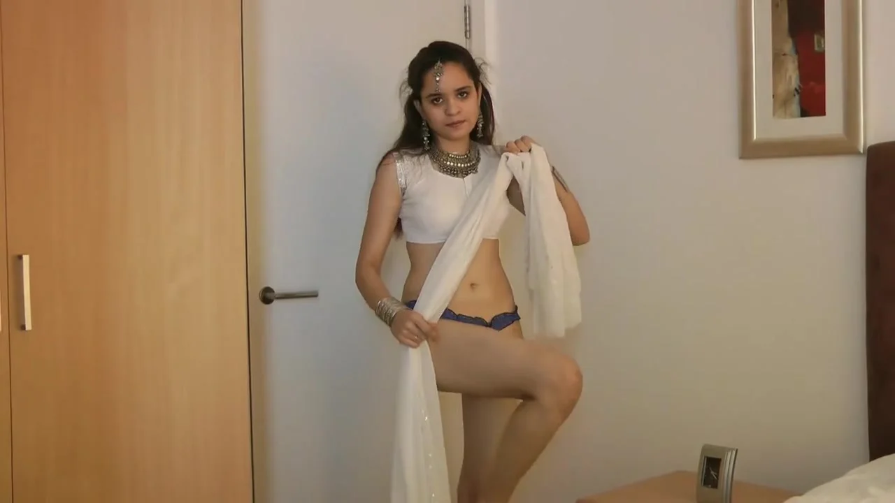 Indian Beautiful teen 18+ Babe Jasmine Striptease and Fingering In White Desi Sari