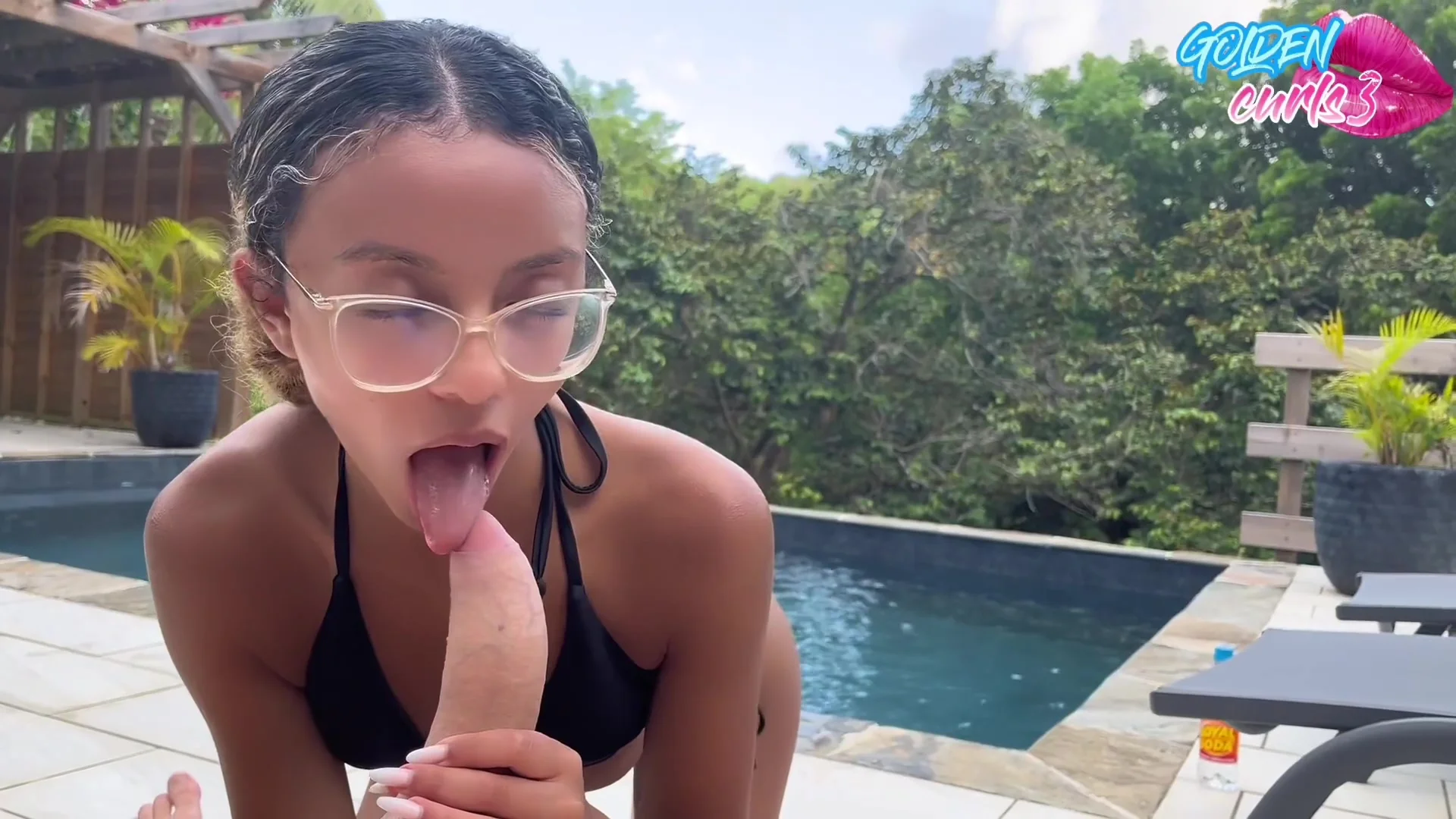 Latina Gives A Sloppy Blowjob Outside At The Pool