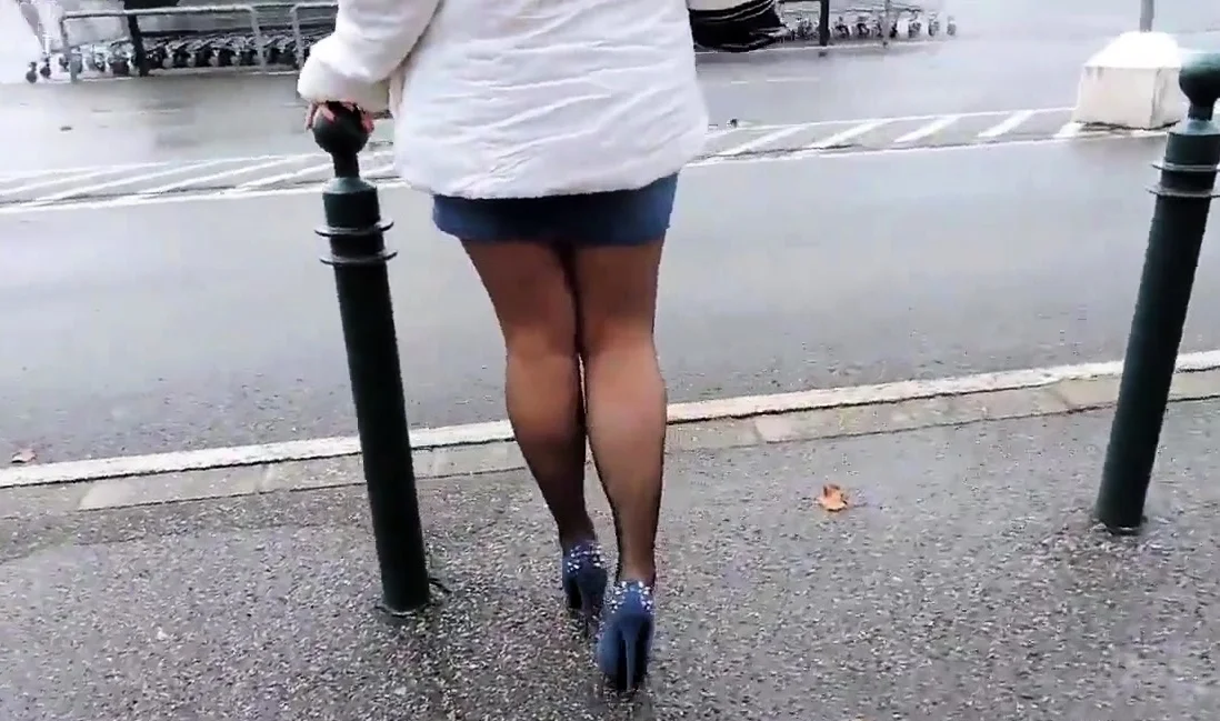 Fashionable blue denim skirts and blue high heels