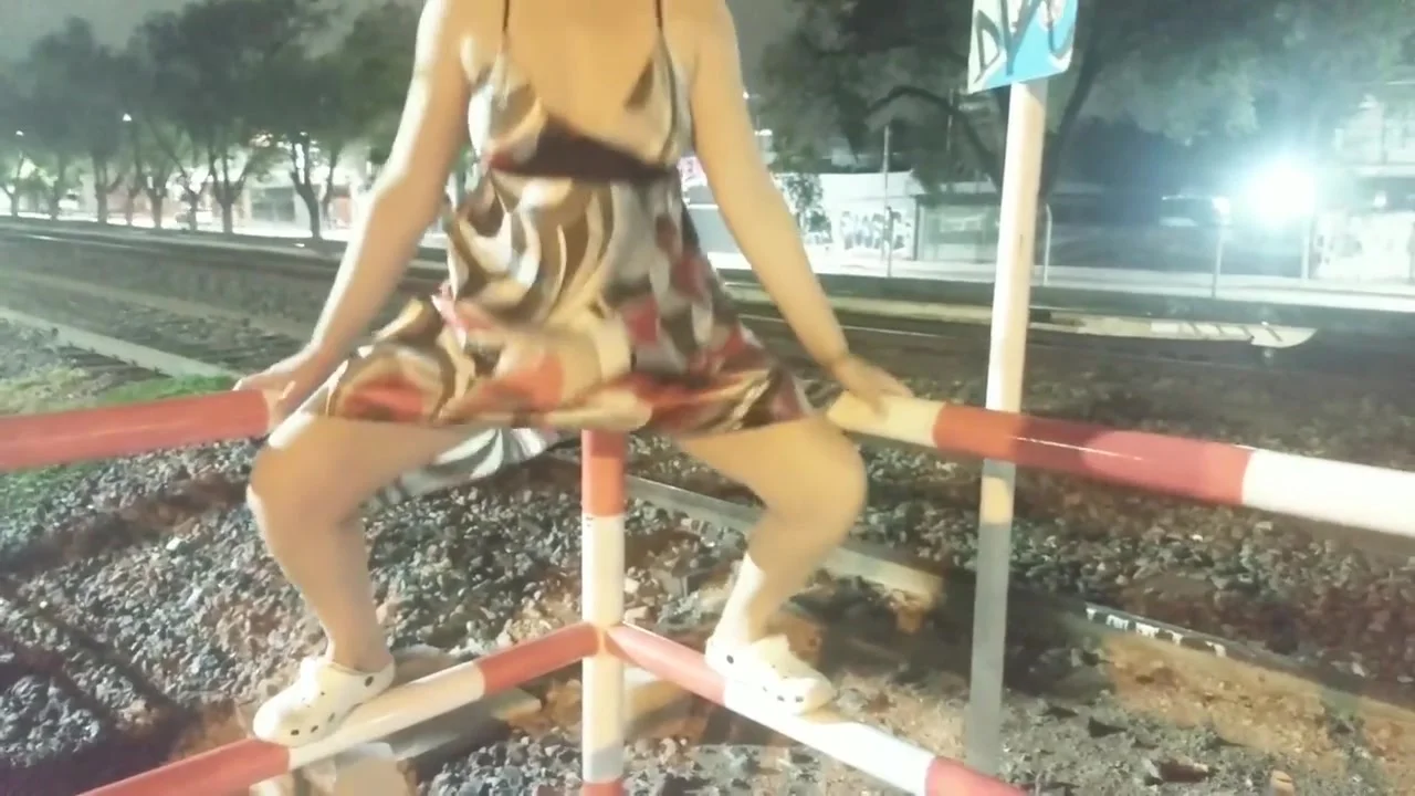 Under Dress Vagina Without Panties To Cars And Train Track In Busy Street Hard Anal Sex Under Rain
