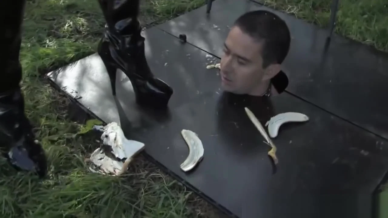 Busty bdsm femdoms sub eats food of her boots