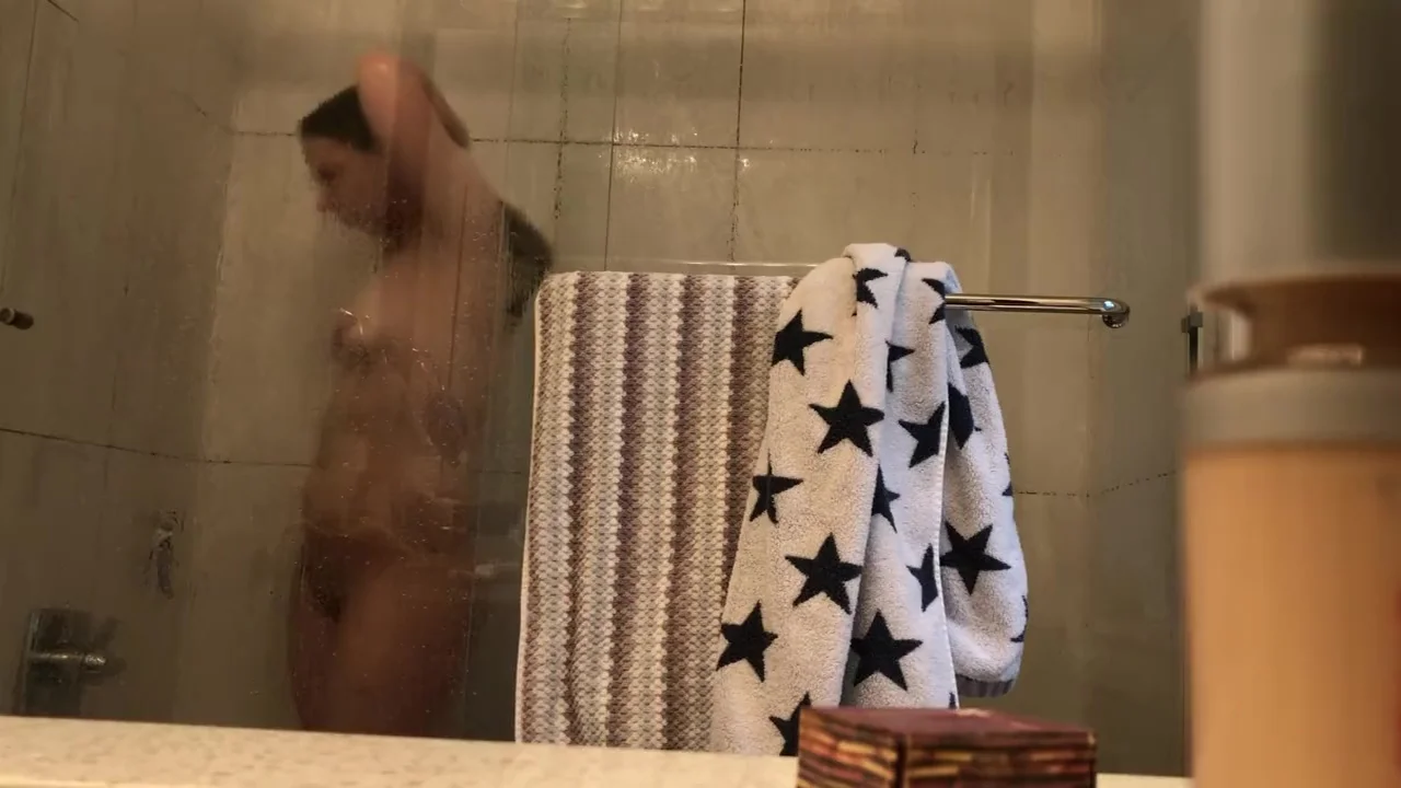 my fresh18 little Step sister spied on in the bathroom again - glass shower door