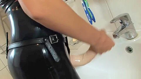 strapon cum - Bathroom Latex Jerk